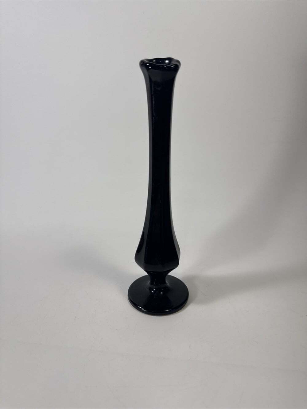 Vtg MCM Black Amethyst Glass Swung Stretch Bud Vase 8" Tall